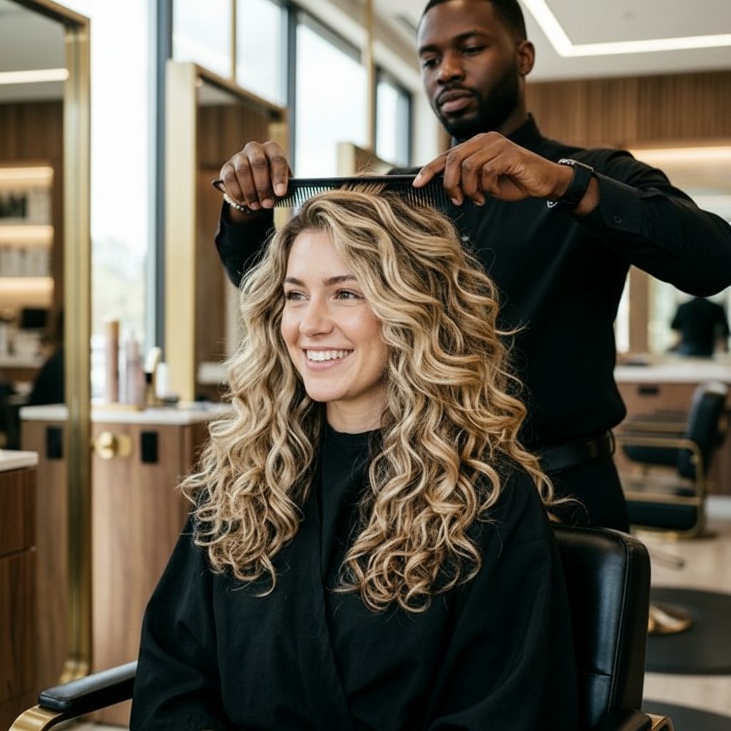 Stylist with happy client in salon chair